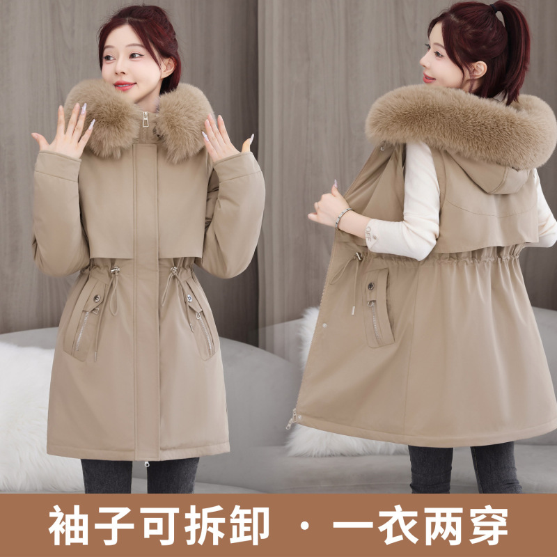 派克服女中长2025新款韩版时尚修身棉服冬季加绒加厚羽绒棉衣外套|undefined