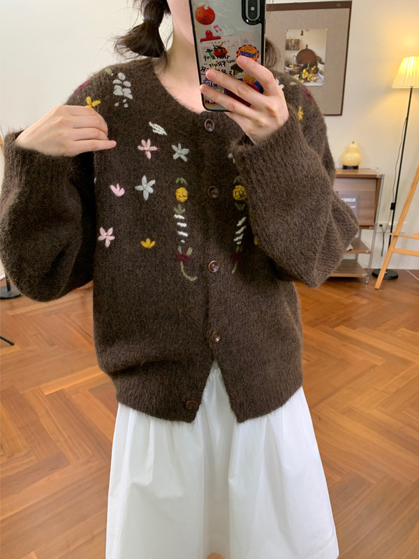 复古重工绣花含羊毛开衫毛衣女2025秋冬新款韩系宽松慵懒针织外套|undefined
