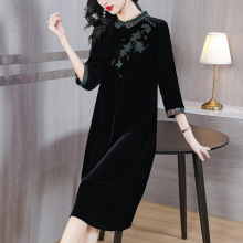 真丝绒连衣裙女新款高端长袖桑蚕丝中式礼服时尚妈妈2025秋冬