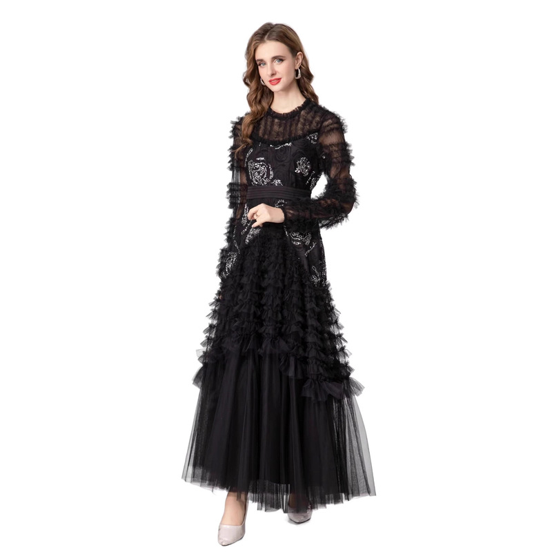 Black Gorgeous Sequin Embroidered Dress, Mesh Long Sleeves, Waist-Cinching Cake Skirt, Evening Dance Long Dress