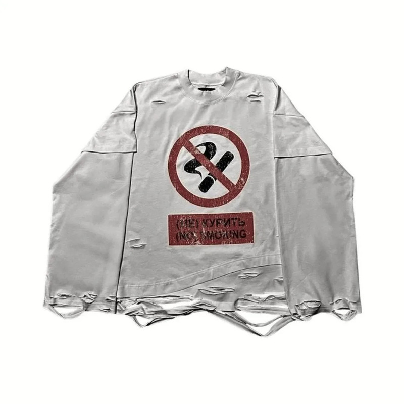 Cross-Border 2026 Round Neck Long-Sleeve Cool Influencer-Style Distressed Design No-Smoking Print New Casual Top Hot Sale
