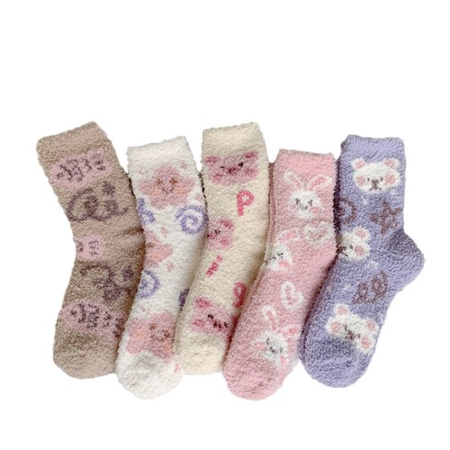 Cartoon Illustration Coral Fleece Socks for Girls Autumn and Winter Mid-Calf Socks Home Warming Sleep Floor Socks Thick Plush Socks