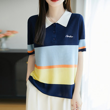 2025年夏季新款天丝莱赛尔针织衫短袖T恤拼色刺绣字母套头打底衫