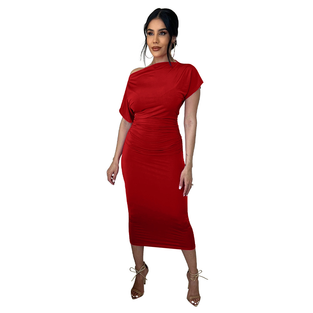 Women Clothing Popular Solid Color Pleated Slim-Fit Oblique Shoulder Dress 11 Women Clothing Popular Solid Color Pleated Slim-Fit Oblique Shoulder Dress