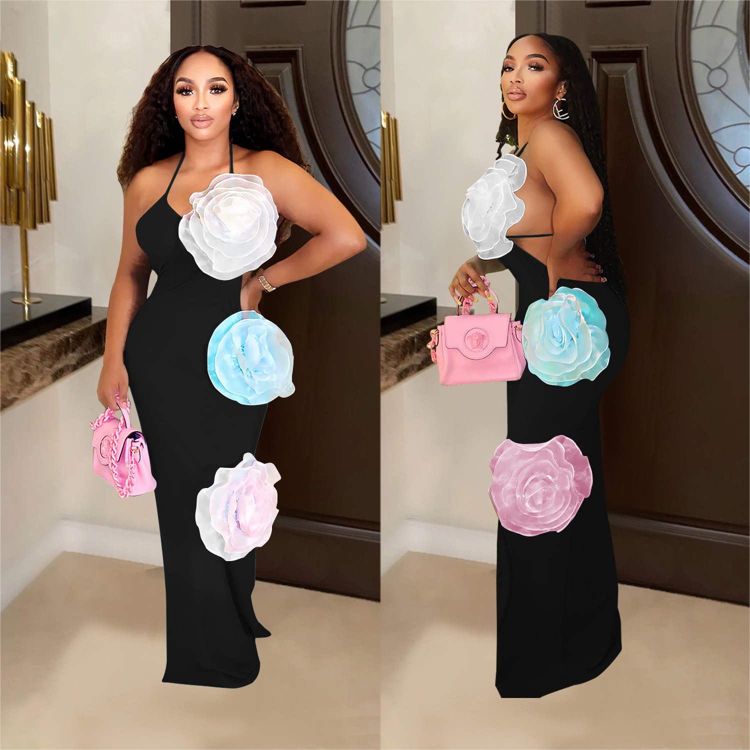 C7048 AliExpress transfronterizo Amazon estación independiente de moda europea y americana ropa de mujer de color sólido vestido de flores nuevas image 3