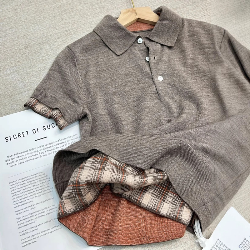 Ac 26 Spring Niche Design-Inspired Faux Two-Piece Polo Collar Plaid Patchwork Slim-Fit Wool Knit Short-Sleeve Sweater Ac 26 Spring Niche Design-Inspired Faux Two-Piece Polo Collar Plaid Patchwork Slim-Fit Wool Knit Short-Sleeve Sweater