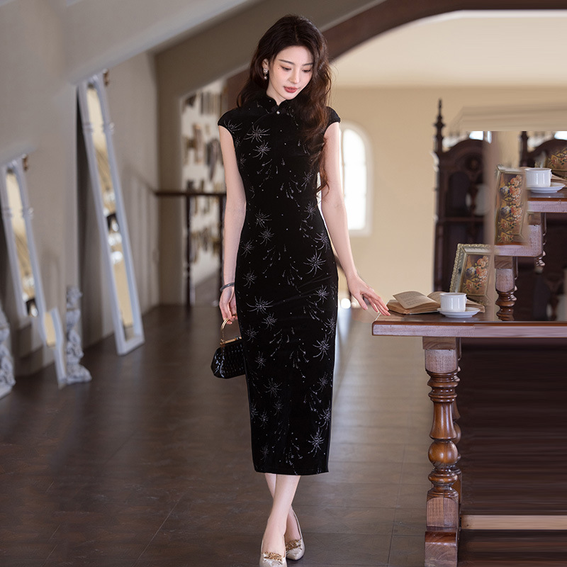 顯瘦黑色彈力收腰國風中式長款改良旗袍2025新款女復古宴會晚禮服