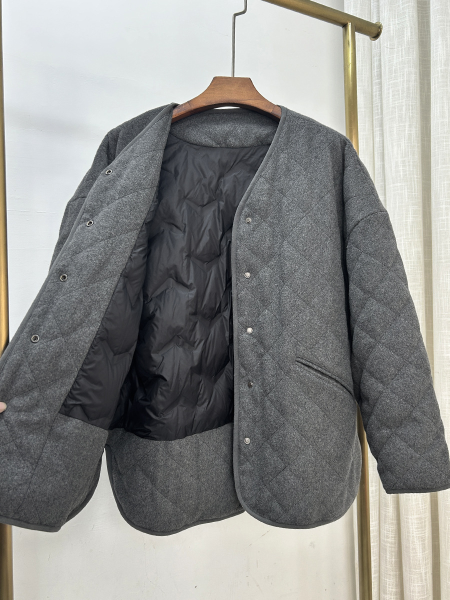 Áo khoác len cardigan nữ lót lông vũ trắng 90% dày dặn mùa đông — mã não màu xám