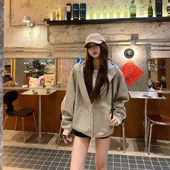美式复古韩系连帽卫衣外套女秋季慵懒风宽松条纹撞色开衫百搭上衣