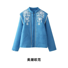 ZA自制欧美风 秋季外贸新款女装批发 印花牛仔色棉服长袖外套
