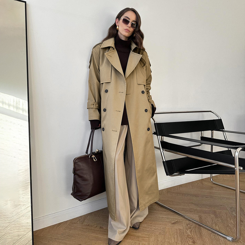 Cross-Border Extended-Length Trench Coat European and American Style 2026 Autumn and Winter Pure Cotton Retro Loose Coat with Drawstring Waist for Women