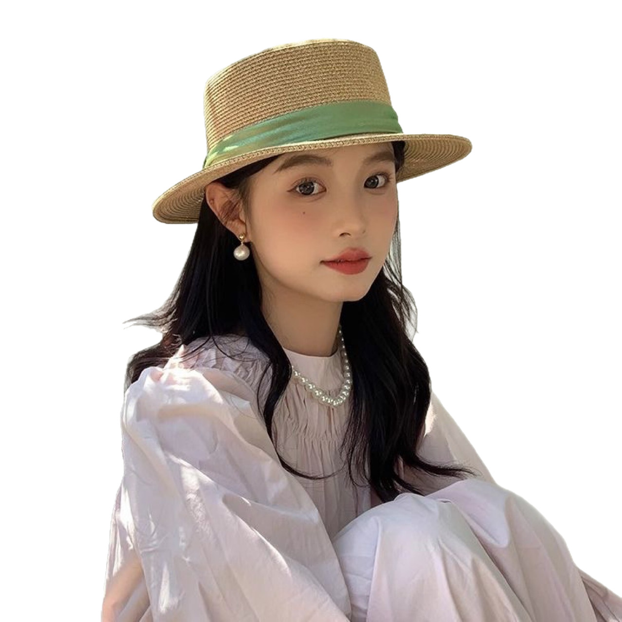 Hepburn Stil Strohhut Mit Langem Lockigem Haar Damen Sonnenvisier_voghion.com
