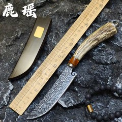 跨境热销鹿角柄大马士革钢户外随身便携高硬度锋利求生防身小直刀