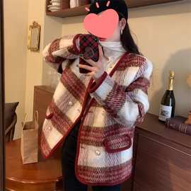 小香风夹棉加厚毛呢外套女冬季大码胖妹妹气质显瘦千鸟格呢子大衣