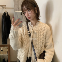 i miss2025秋季新款甜美圆领绑带麻花针织开衫女气质毛衣外套上衣
