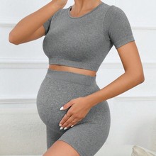 孕妇夏装普拉提瑜伽运动孕妇短裤短袖无缝针织速干透气孕妇套装