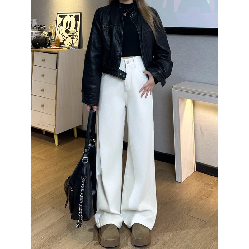 Pear-Shaped Body chubby girl plus size Spring Wide-Leg White Jeans for Small Women Loose Slimming Straight Trousers