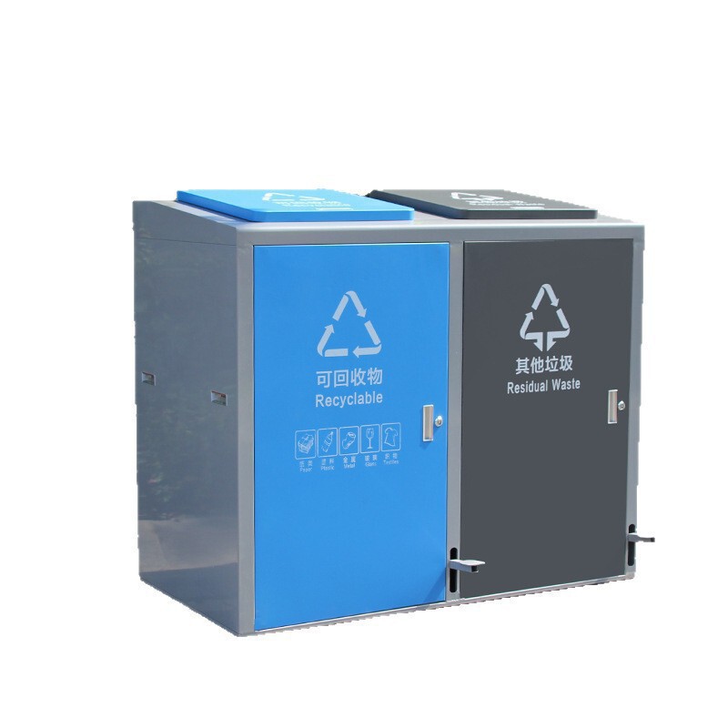 Stainless steel dual-compartment trash can, suitable for outdoor use in municipal areas and residential complexes, for separating recyclable and non-recyclable waste, with a lock for sanitation purposes Stainless steel dual-compartment trash can, suitable for outdoor use in municipal areas and residential complexes, for separating recyclable and non-recyclable waste, with a lock for sanitation purposes