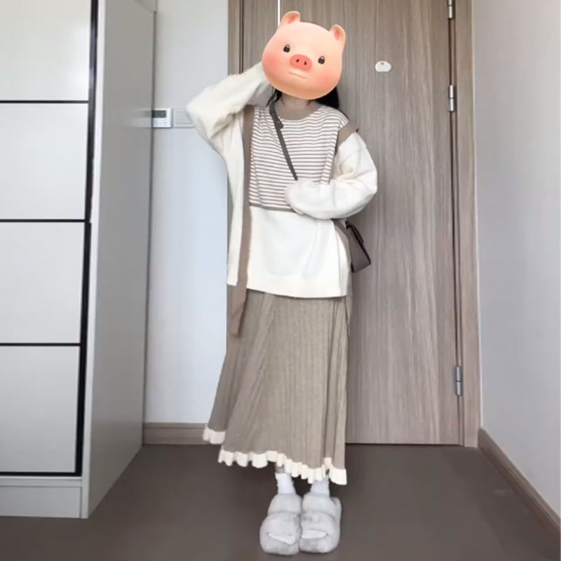 小个子穿搭秋冬毛衣条纹针织衫两件套气质半身裙温柔风时尚套装女|undefined