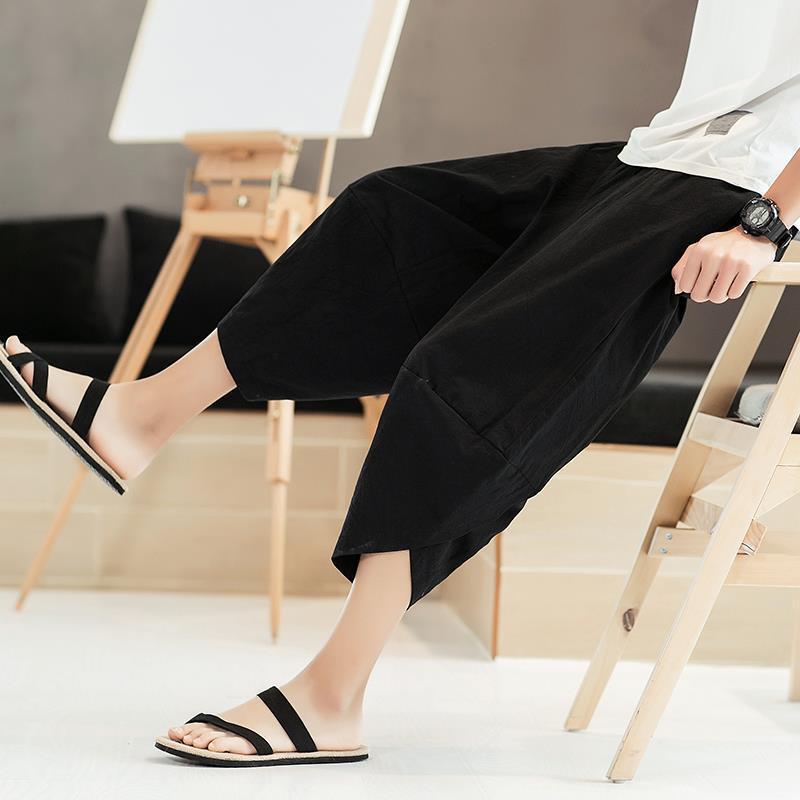 Pantalones casuales delgados originales, pantalones cortos para hombres, bombachos, pantalones anchos sueltos de algodón y lino, pantalones harem de gran tamaño, pantalones de lino