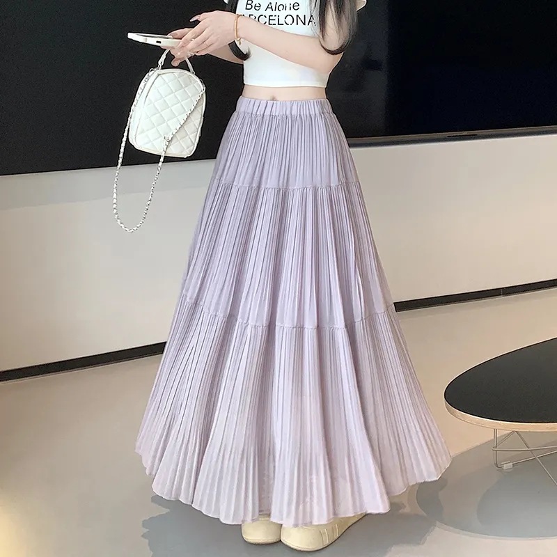 雪纺网纱百褶半身裙女夏季2025新款高腰显瘦垂感a字伞裙大摆长裙|undefined