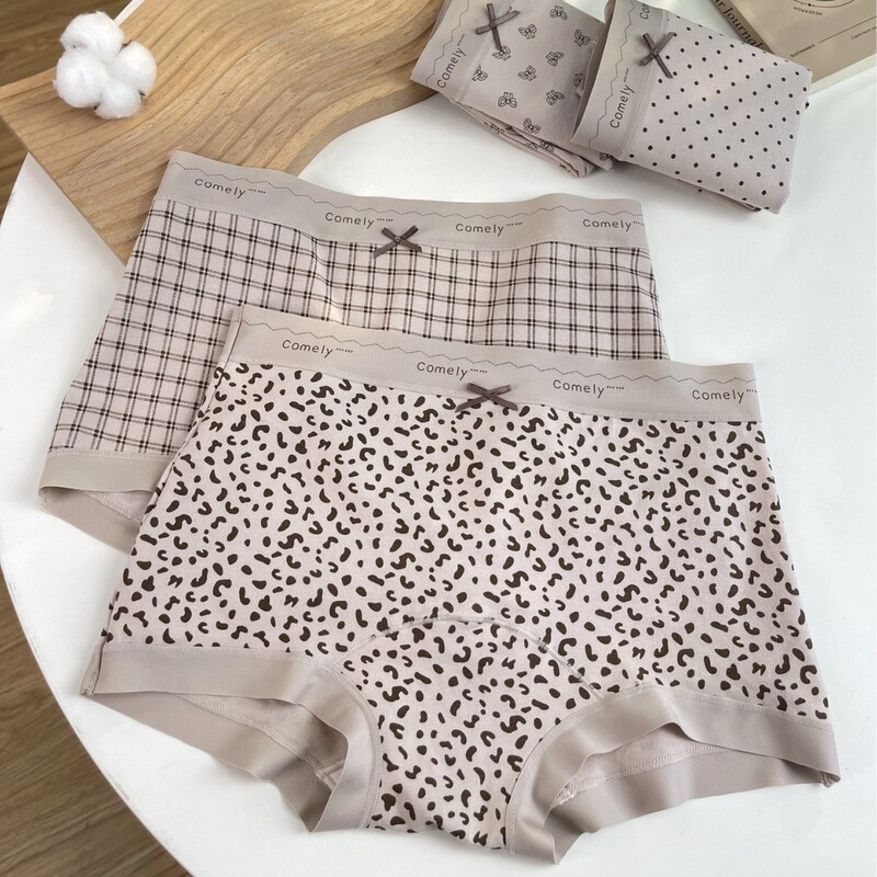 Class a Cotton Leopard Print Mid-High Waist Boxer Briefs for Women 2025 New Model 10A Antibacterial 100% Cotton Extended Crotch Boxer Briefs