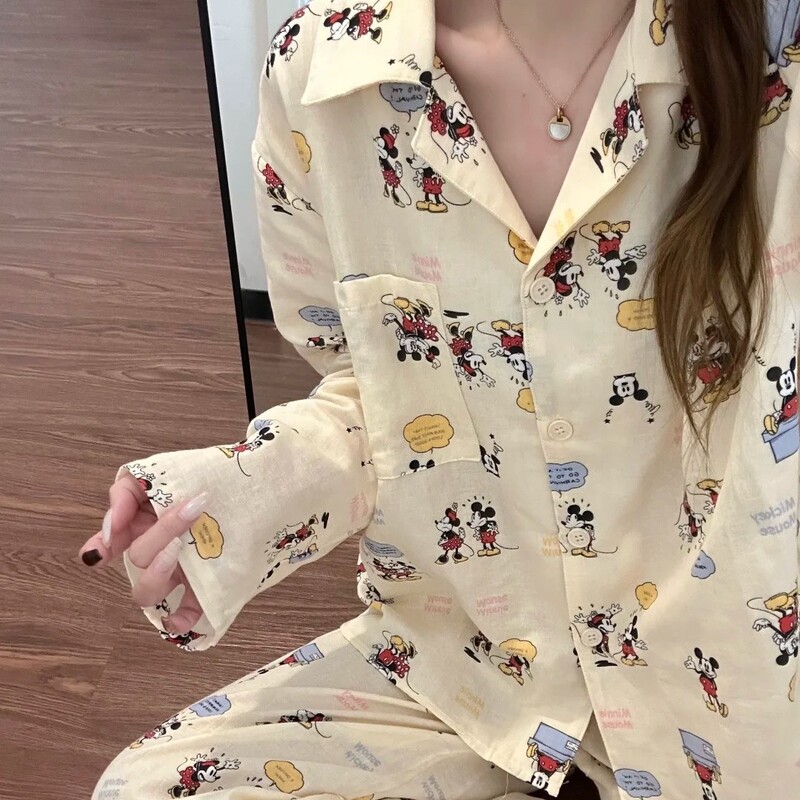 Casual Lapel Collar Girl's Pajamas Cartoon Long-Sleeve Spring Pants Sweet Lazy Loungewear Set Mickey Autumn Cardigan Casual Lapel Collar Girl's Pajamas Cartoon Long-Sleeve Spring Pants Sweet Lazy Loungewear Set Mickey Autumn Cardigan