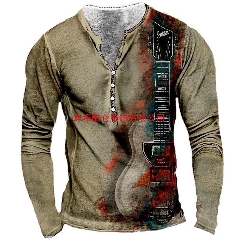 2022 retro hombres 3D digital placket abierto de siete botones Camiseta de manga larga de los hombres de guitarra patrón transfronterizo estación independiente