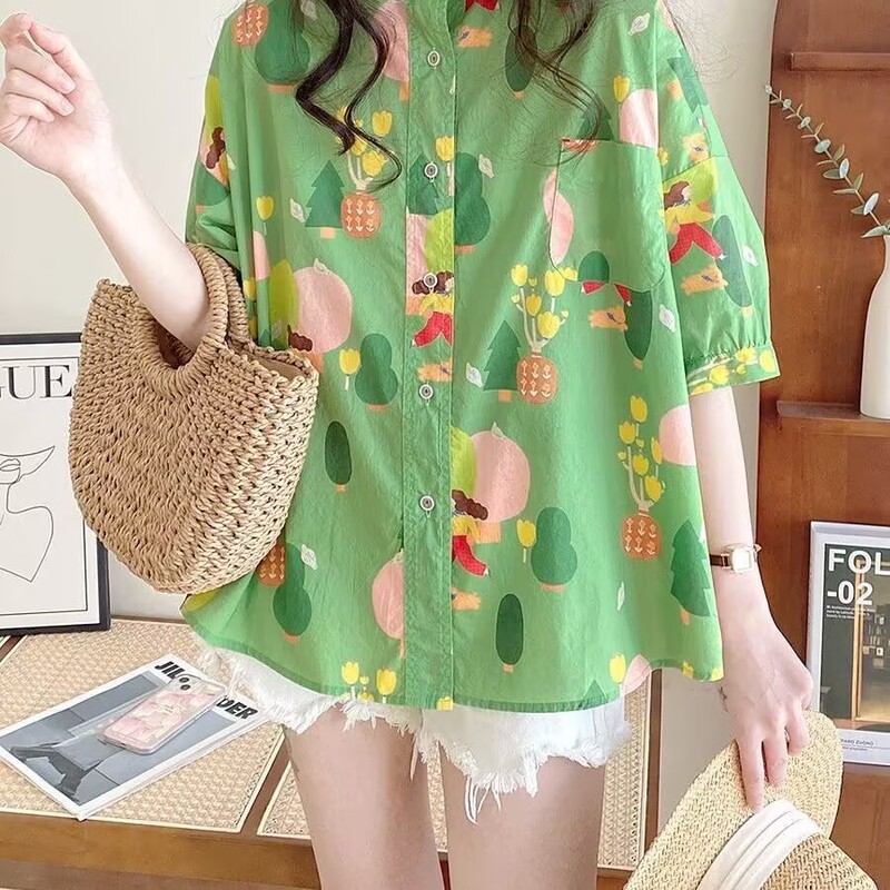 2025 New Women's Ins Plant Print Shirt Loose Couple Short-Sleeved Flower T-Shirt