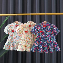 Summer 2021 New Arrival Girls' Dress Ethnic Style Princess Dress Small Floral Bubble Sleeve Qipao Style Dress