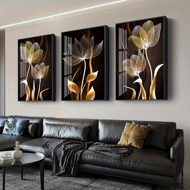 2026 A2203 TEMU almacén en el extranjero comercio exterior negro y oro flor temático conjunto de pintura de lienzo mural