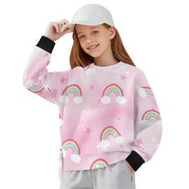 速卖通一件起定 时尚百搭女童圆领长袖卫衣彩虹图案印花韩版上衣
