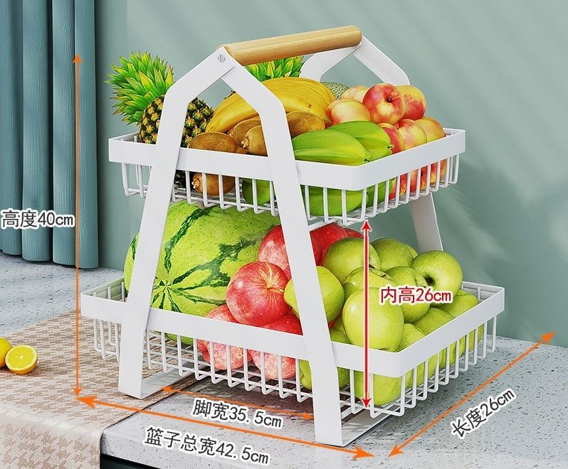 Condimento transfronterizo de aperitivos de hierro cesta de verduras y frutas mesa de cocina cesta de almacenamiento estante de almacenamiento cesta de hierro portátil de doble capa