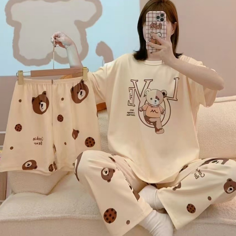 Pijamas de verano transfronterizos pijamas de leche de seda de tres piezas set de dibujos animados comercio exterior ropa para el hogar pantalones de mangas cortas lindos