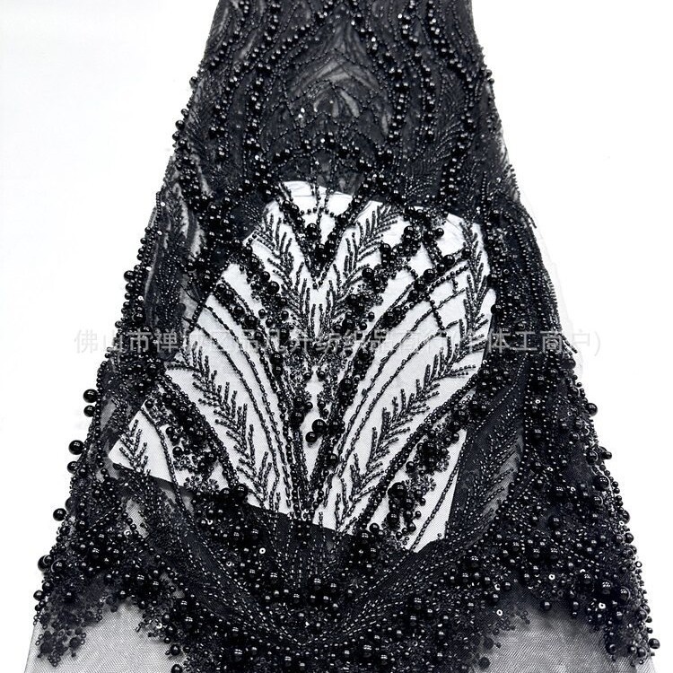 Peacock Feather Heavy Duty Pearl Pipe Mesh Fabric Fonytail Clavado a mano Beads Fishtail vestido de boda tela