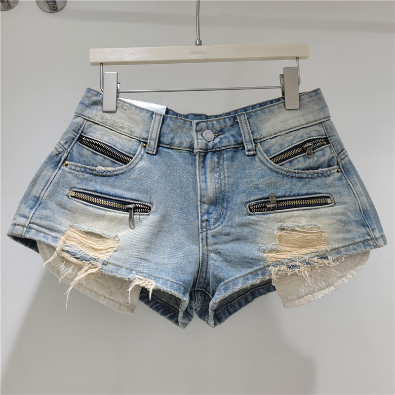 Shorts de Mezclilla con Encaje Empalmado y Cintura Baja con Bolsillos para Verano
