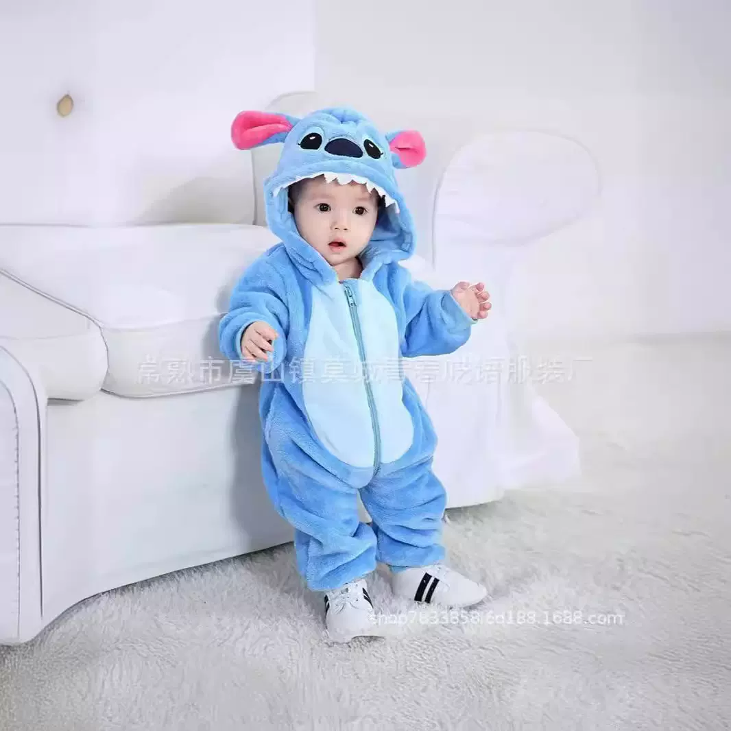 秋冬季卡通幼童爬爬服恐龙史迪奇儿童男女连帽连体衣家居服法兰绒