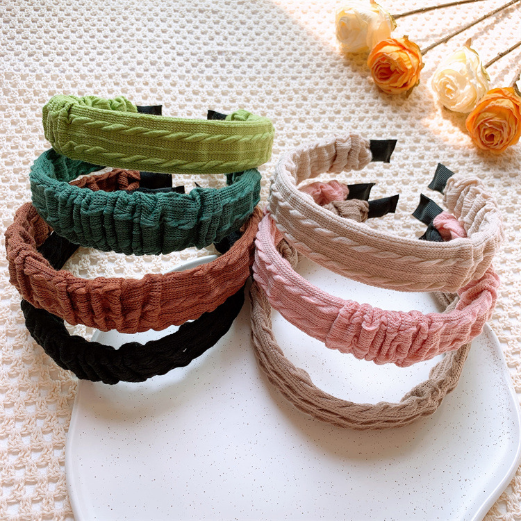 韓版針織褶皺毛線寬發箍少女簡約洗臉壓發頭箍小女孩外出頭飾發卡