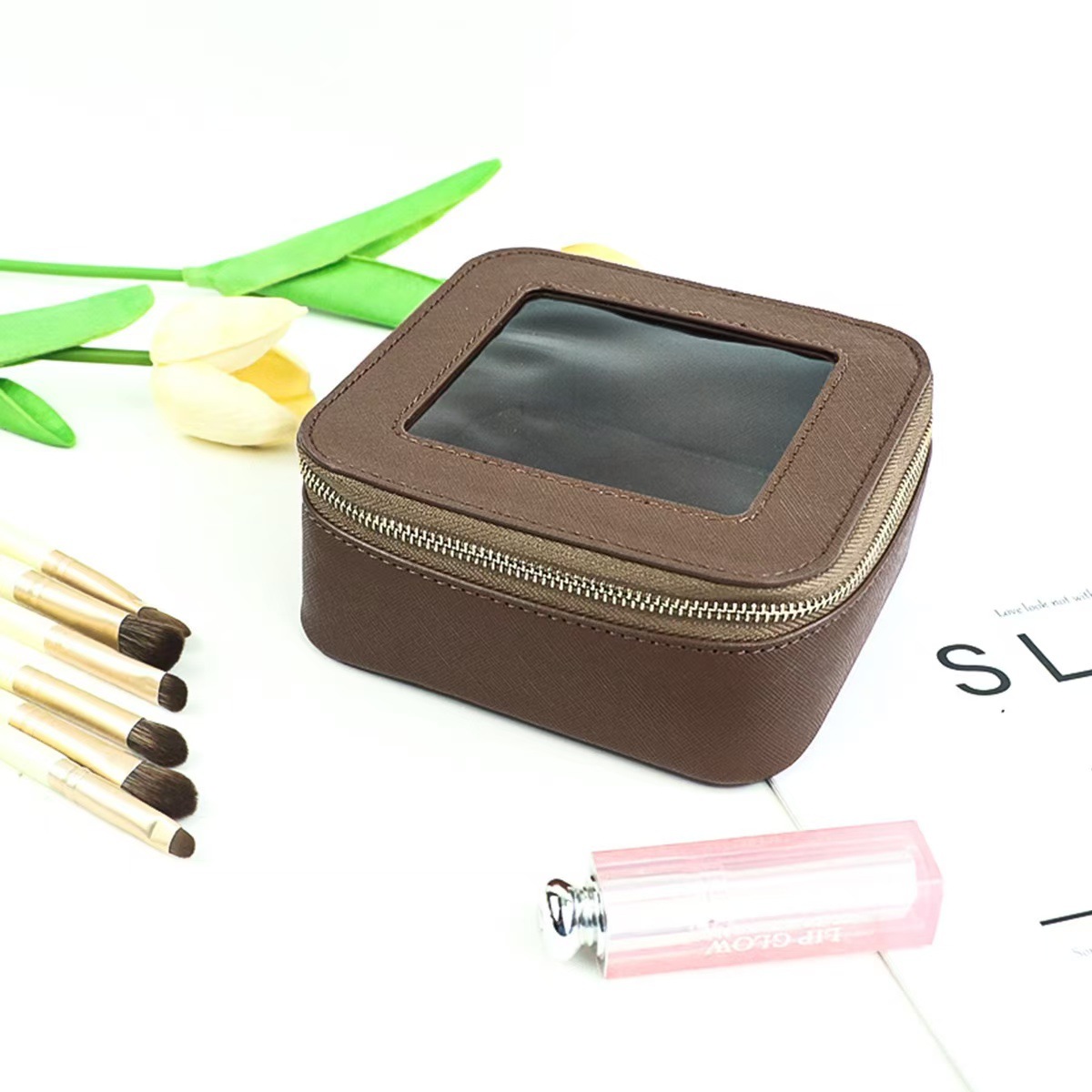 Bolsa de Aseo y Maquillaje Portátil de PU, Impermeable, para Viajes y Uso Diario