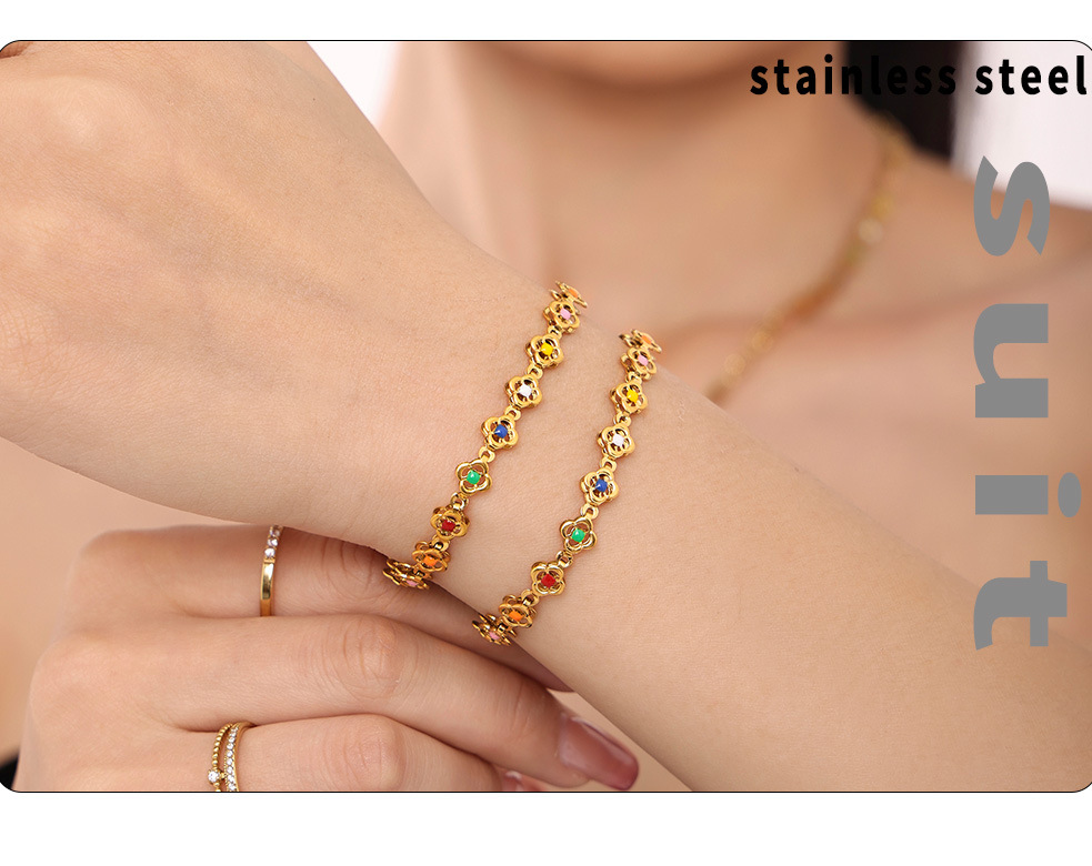 Set Collier Et Bracelet Motif Fleur En Acier Inoxydable_voghion.com