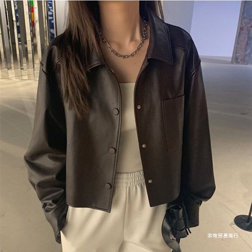 2025 Hong Kong Style Trendy Short Leather Jacket Spring and Autumn Popular Motorcycle Petite Stylish Women's Versatile Coat