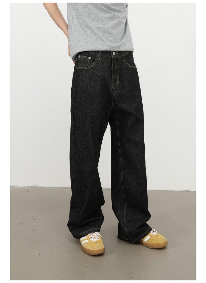 Quần jean nam ống rộng lưng giữa form suông thoải mái phong cách cơ bản — Denim đen, màu xanh denim chi tiết 11