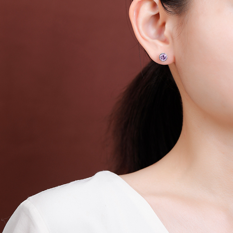 Bông tai bạc S925 đính đá thạch anh tím citrine mặt cắt hình tròn — Kiểu pha lê vàng