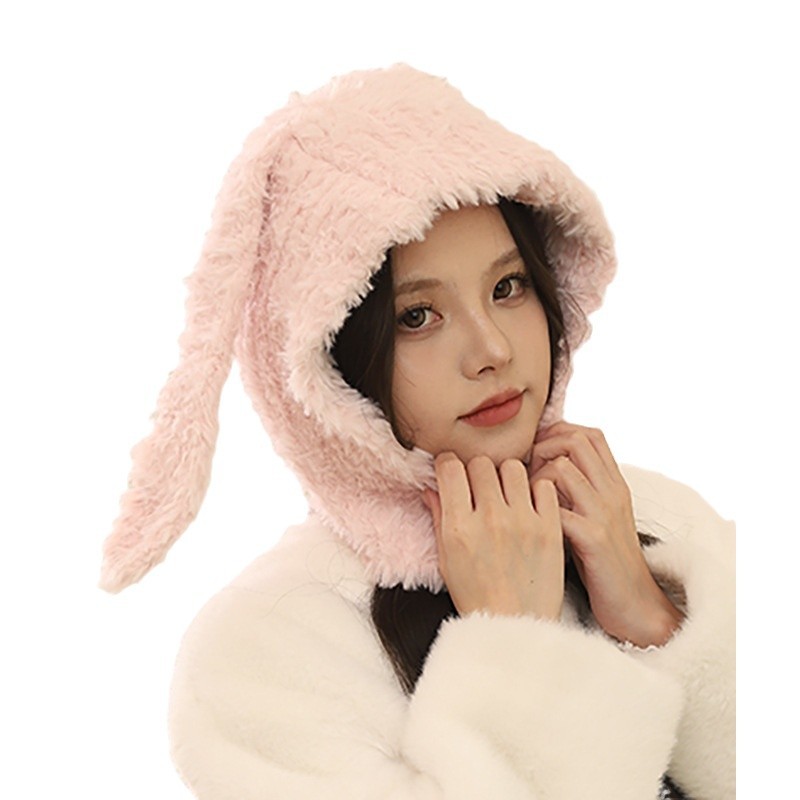 Sevimli Tavşan Kulakları Balaclava Kadın Sonbahar ve Kış 2024 Yeni Sıcak Kalın Yün Şapka Kulak Koruması_voghion.com
