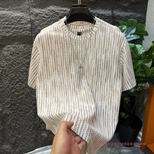 夏季轻奢彩虹条纹短袖T恤圆领男士帅气闲百搭潮流肌理感设计潮流