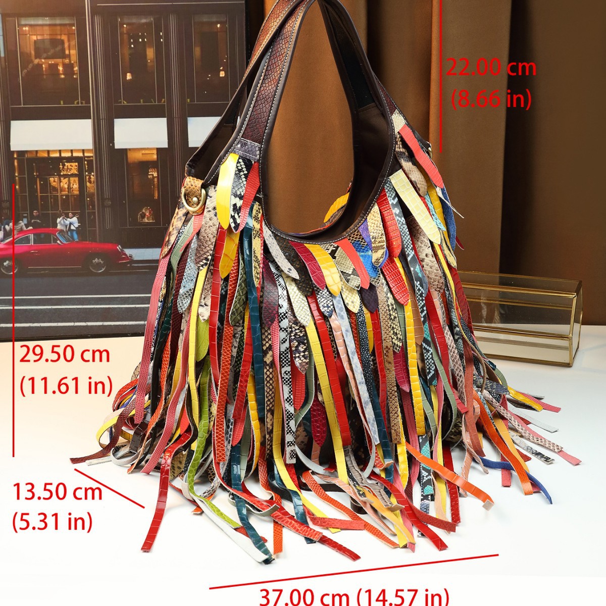 Bunte Schultertasche mit Quastenstreifen für Damen, großes Fassungsvermögen, Rindsleder, europäisch-amerikanischer Streetstyle, lässiger Stil_voghion.com
