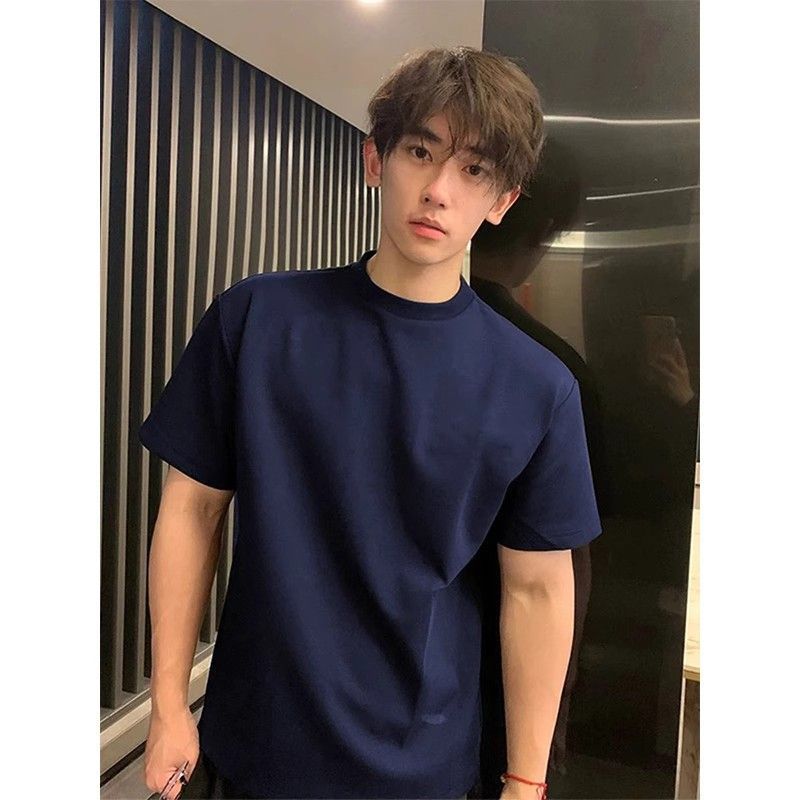 아메리칸 헤비웨이트 블랙 오른쪽 어깨 티셔츠 남성 여름 슬림 넥 반팔 콤비네이션 코튼 클린핏 반소매