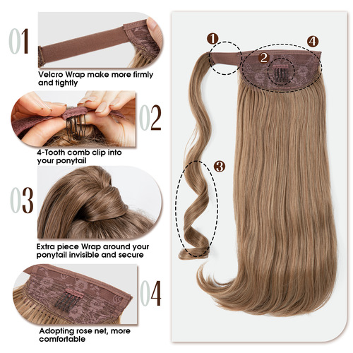 High-temperature silk false hair clip-in long hair ponytail for women, wrapped-style natural micro-curled synthetic false ponytail
