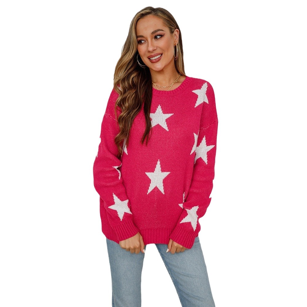 Suéter de Punto con Cuello Redondo para Mujer, Talla Grande, Primavera 2025, Estilo Informal, Estampado de Pentagrama, para Venta Transfronteriza en Amazon