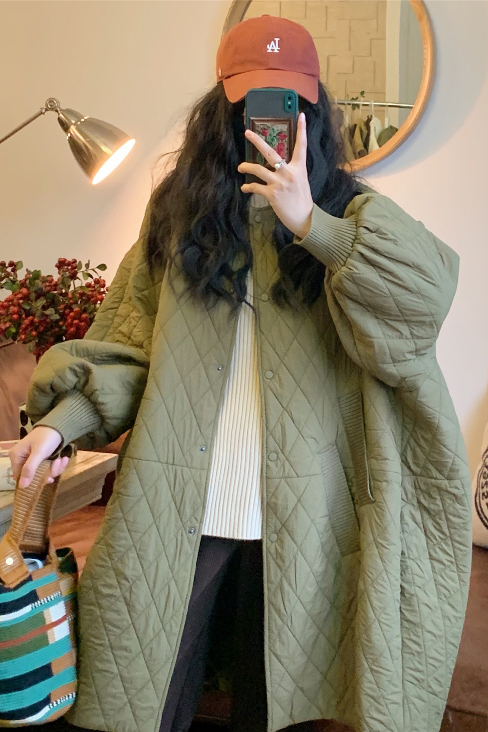 年春秋季圆领轻又暖廓形大码棉服宽松外套女中长款菱格棉衣